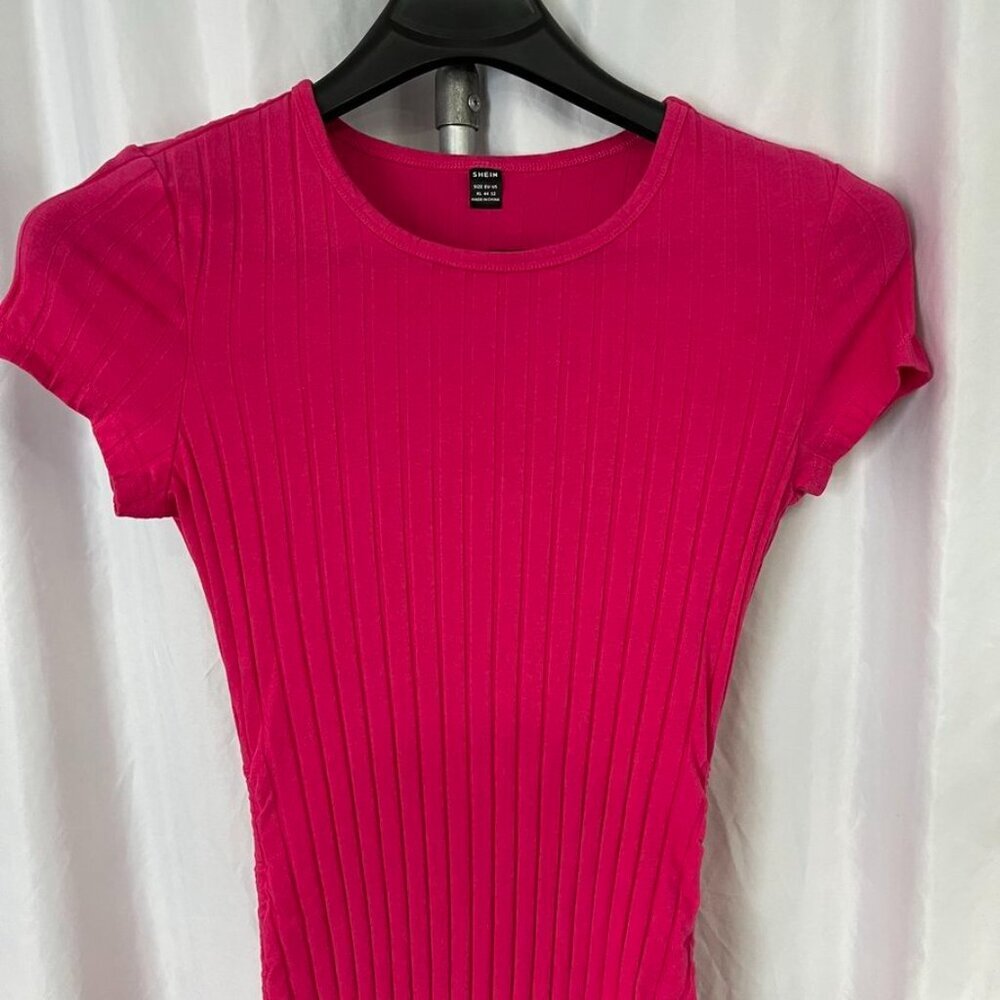 3/$20 Bundle πSHEIN Ribbed Drawstring Ruched Midi Dress Hot Pink XL - Picture 7 of 10
